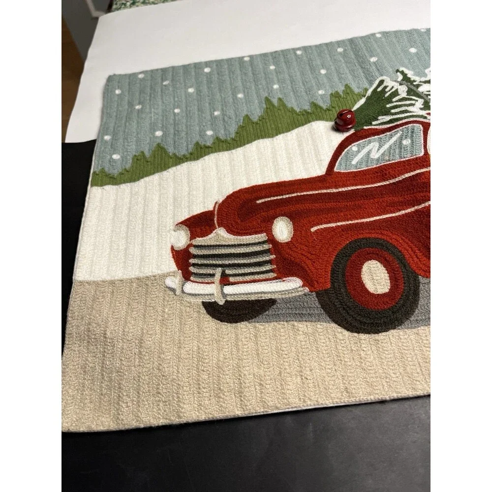 Pottery Barn Christmas Woody Car Crewel Embroidered Lumbar Pillow Cover